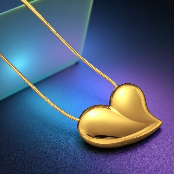 ๐Romantic Puffy Heart Necklace & Earrings Set 18K Gold Plated Stainless Steel - Picture 8 of 17